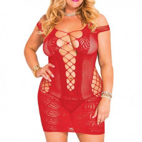 QUEENLINGERIE PLUSSIZE RED CROTCHET MESH HOLLOW OUT MINI CHEMISE