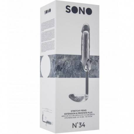 SONO 34 EXTENSION +2.5CM  PENE CON ANILLA TESTÍCULOS Y PLUG ANAL TRANSPARENTE