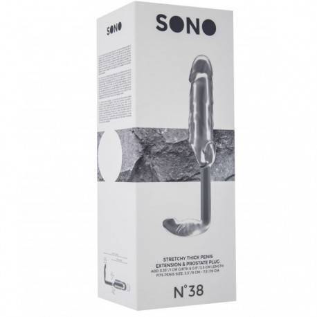 SONO 38 EXTENSION +2.5CM  PENE CON ANILLA TESTÍCULOS Y PLUG ANAL TRANSPARENTE